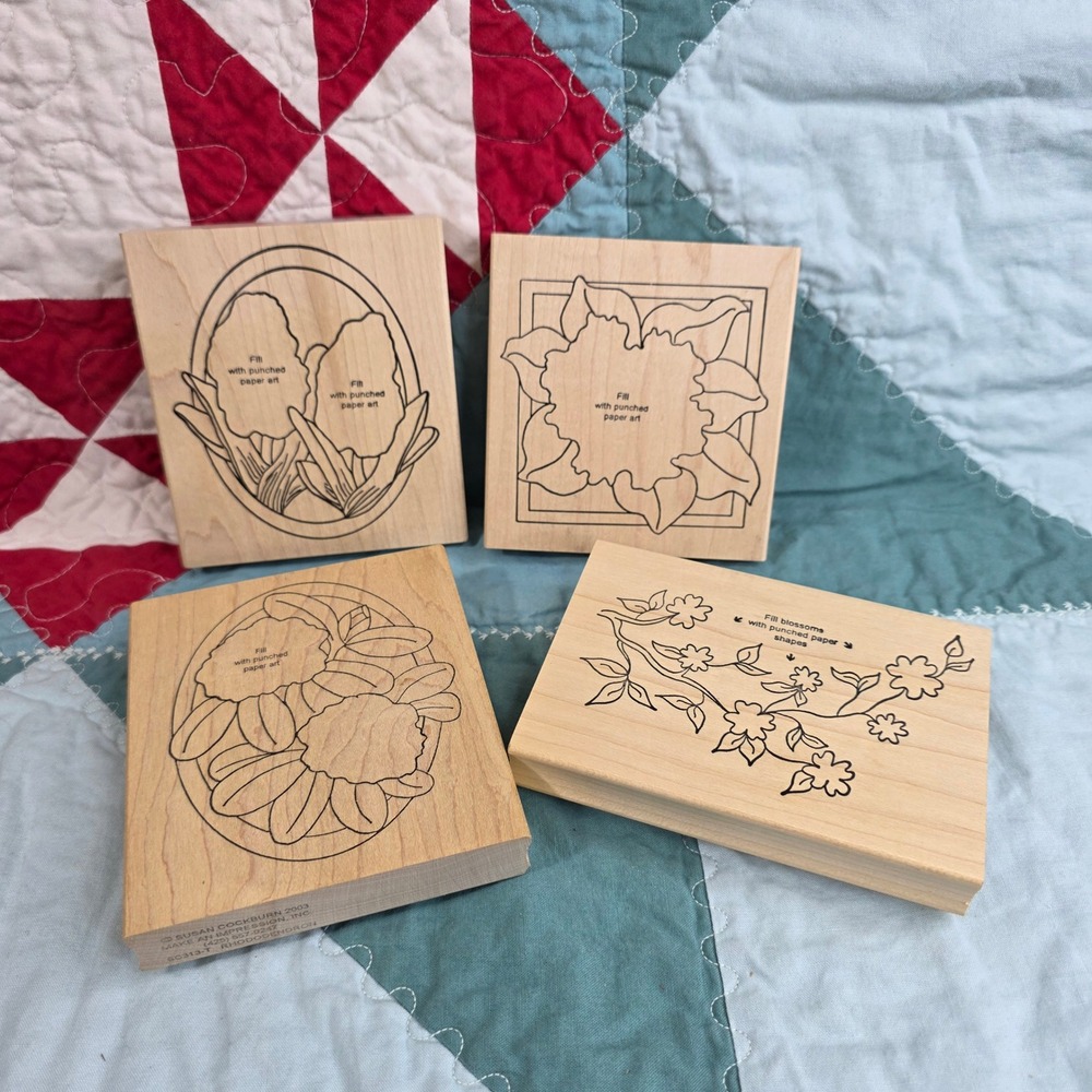 Make An Impression Floral Wood Mounted Rubber Stamp Set of 4 Violet Hyacinth
